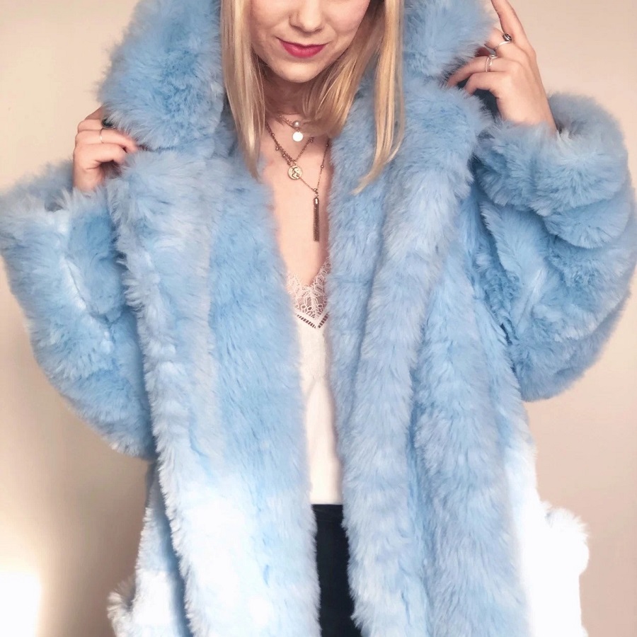 blue faux fur coat